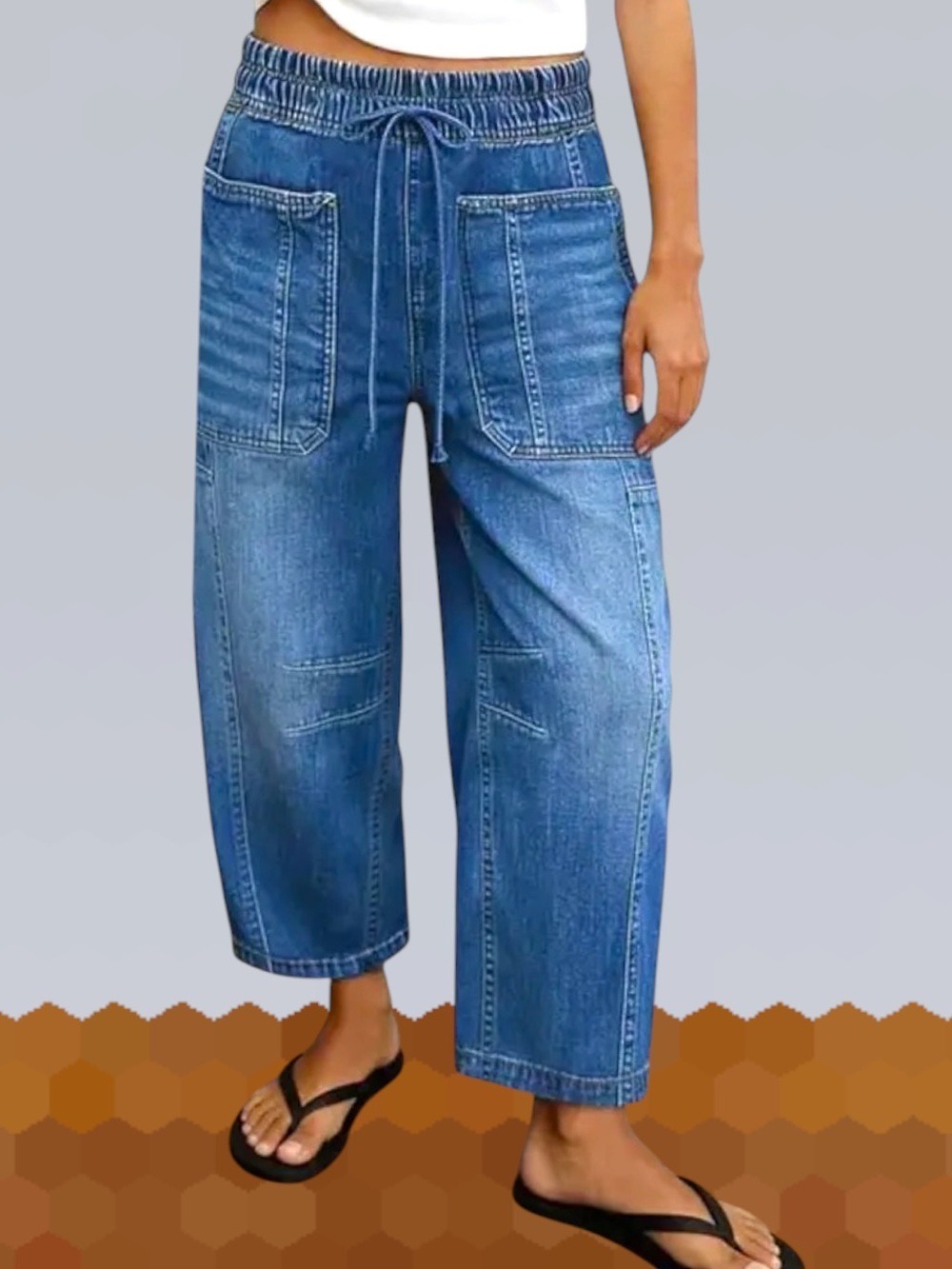 NWT Curved Barrel Leg Horseshoe Denim Cropped Drawstring Jeans M FLAMINGALS